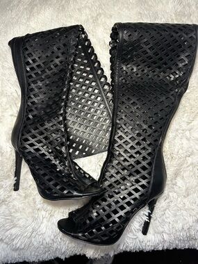 Black Laser-Cut Peep-Toe Stiletto Boots - Women